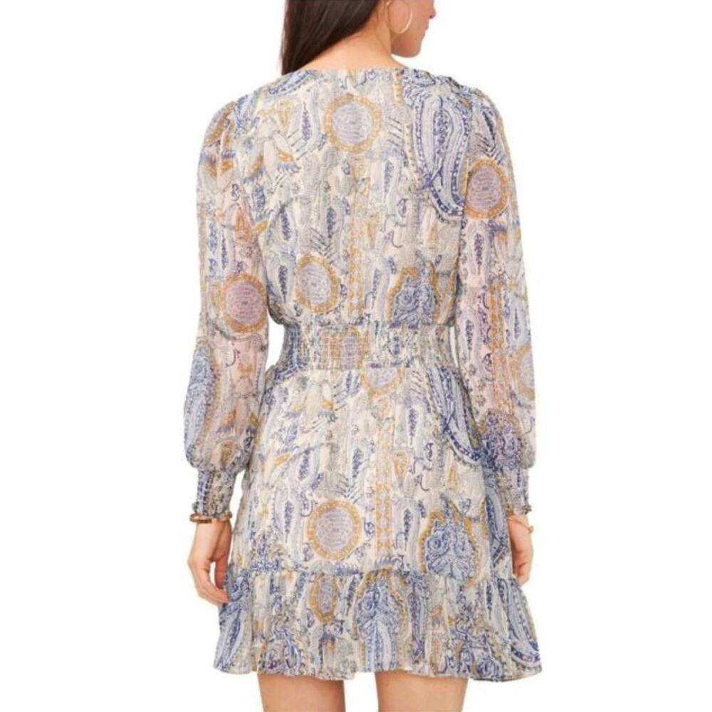 NWT Vince Camuto Parsley Print Ruffle Hem Smocked-Waist Long Sleeve Mini Dress - Picture 3 of 6